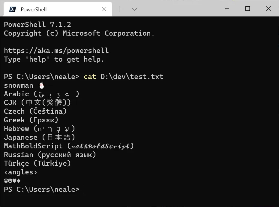 Windows Terminal Preview with snowman ⛄, Arabic (عَرَبِيّ‎), CJK (中文(繁體)), Czech (Čeština), Greek (Γρεεκ), Hebrew (עִבְרִית), Japanese (日本語), MathBoldScript (), Russian (русский язык), Türkçe (Türkiye), ‹angles›, ☺☻♥♦