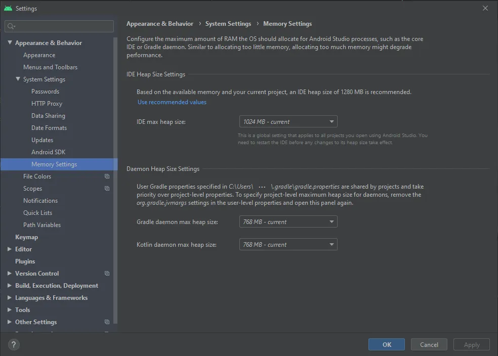 Android Studio memory settings