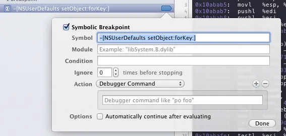 -[NSUserDefaults setObject:forKey:] breakpoint