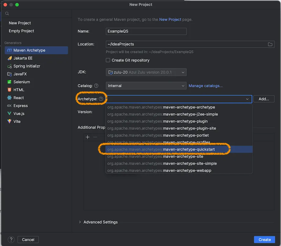 screenshot of New Project dialog box in IntelliJ with QuickStart archetype selected