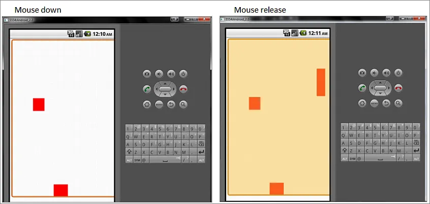 截图显示当在画布上按住鼠标时出现橙色边框（第一张图片），然后释放鼠标（第二张图片）