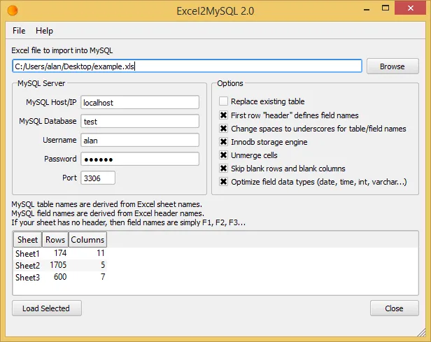 Excel2MySQL截图