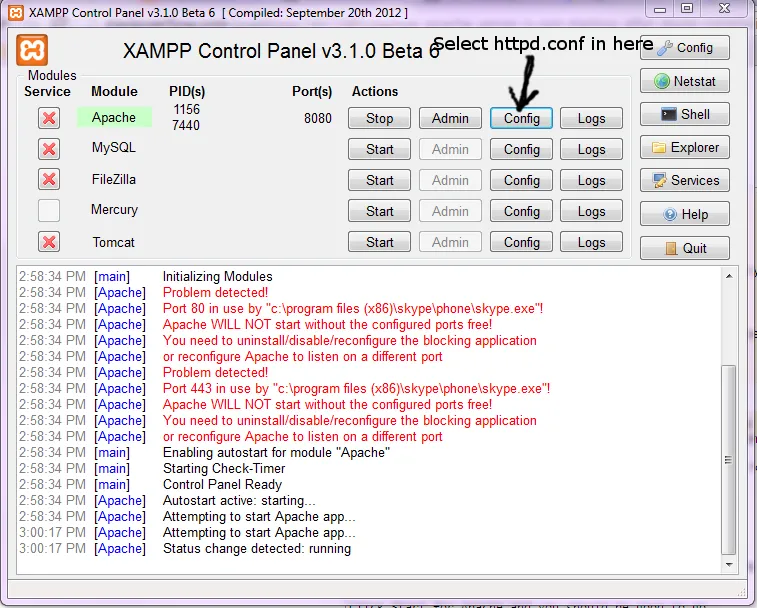 XAMPP控制面板->单击Apache模块的配置