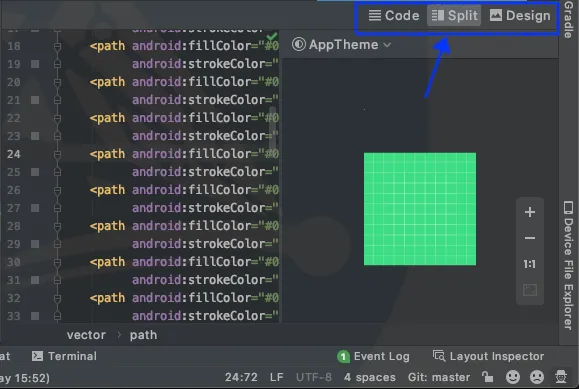 Android Studio 4.0.1 showing code/split/design control