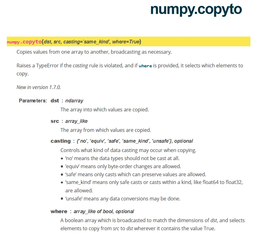 image of numpy.copyto documentation