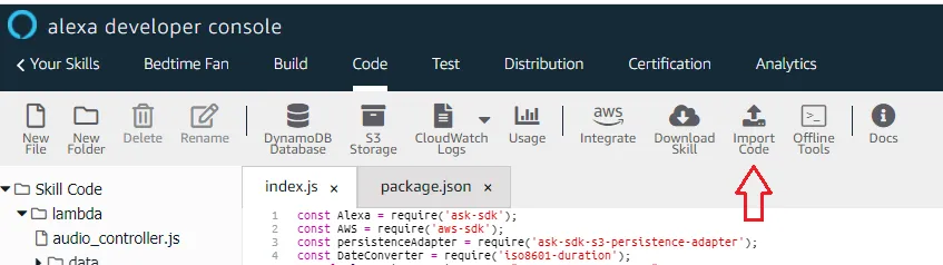 Import Lambda Code in Alexa Skill Developer Console