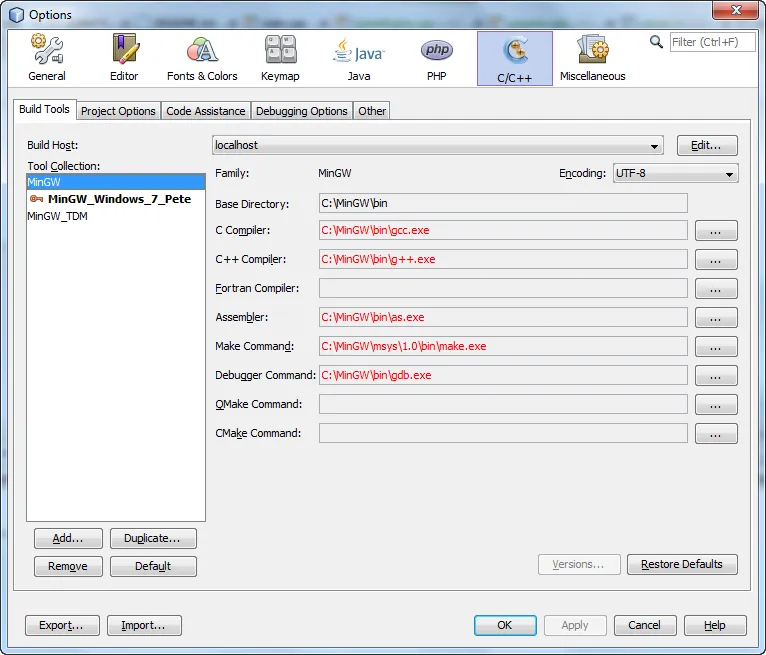 NetBeans: Tools > Options > C/C++ > Build Tools, incorrect paths