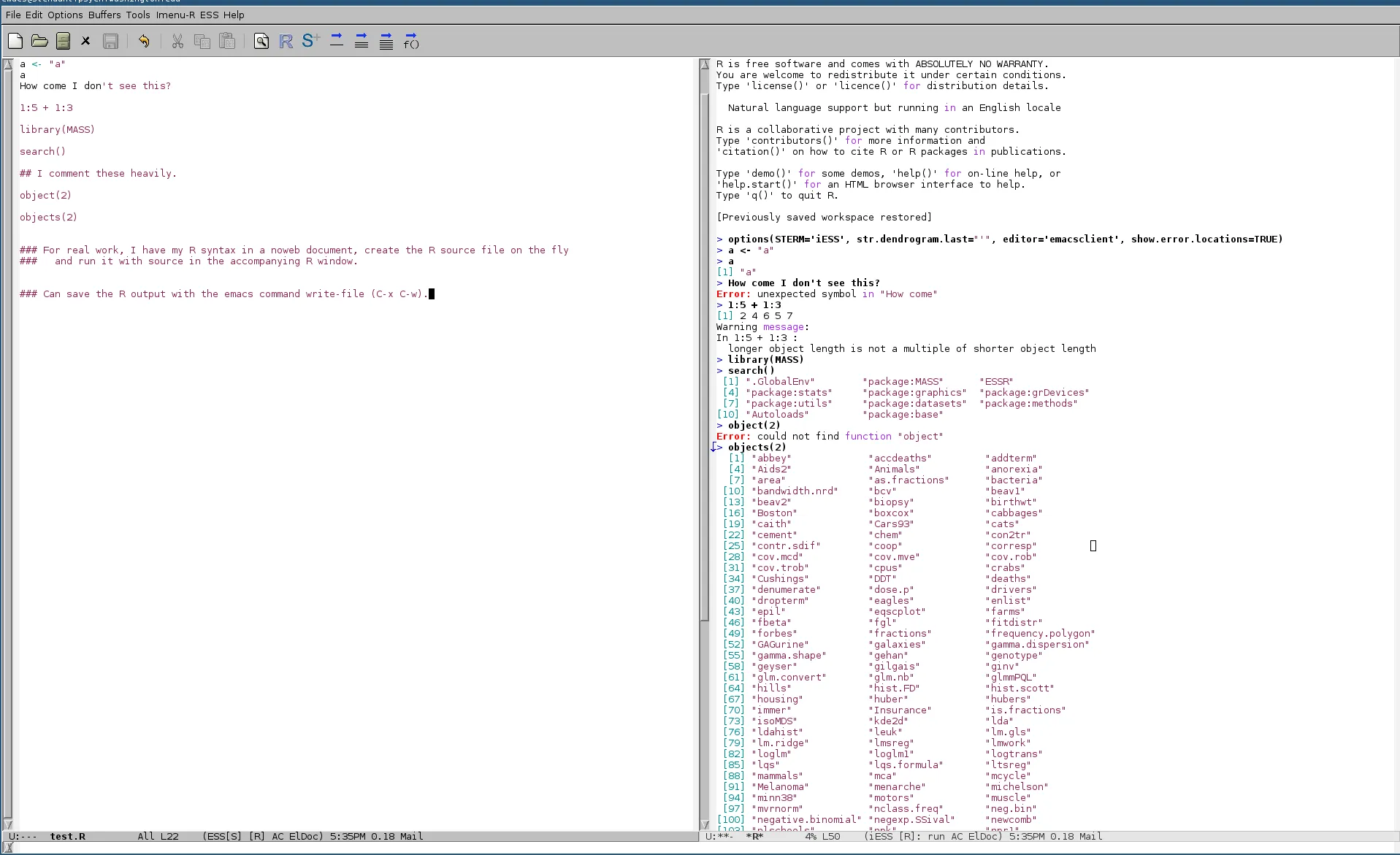 Screenshot writing and evaluating R with Emacs/ESS.