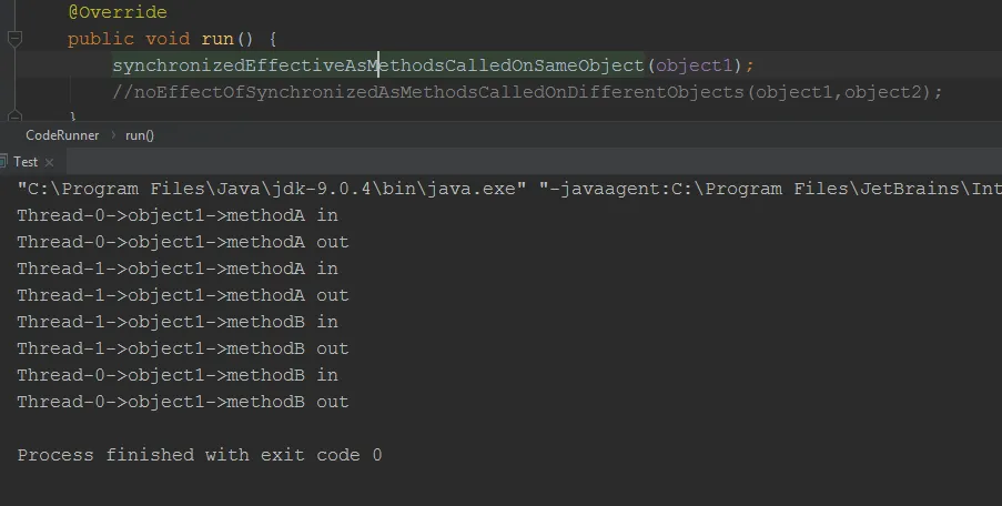 Ouput with *noEffectOfSynchronizedAsMethodsCalledOnDifferentObjects()* commented