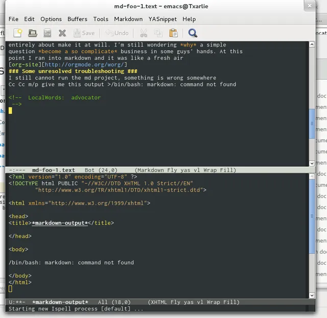 Screenshot of emacs' markdown error message