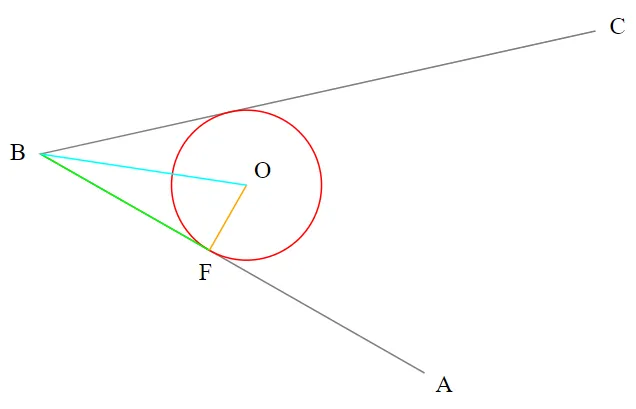 Points A, B and C with lines from A to B and from B to C; a circle that includes the arc for the rounded corner, at point O as its center, line perpendicular to the vector AB going from O to meet some point F between A and B