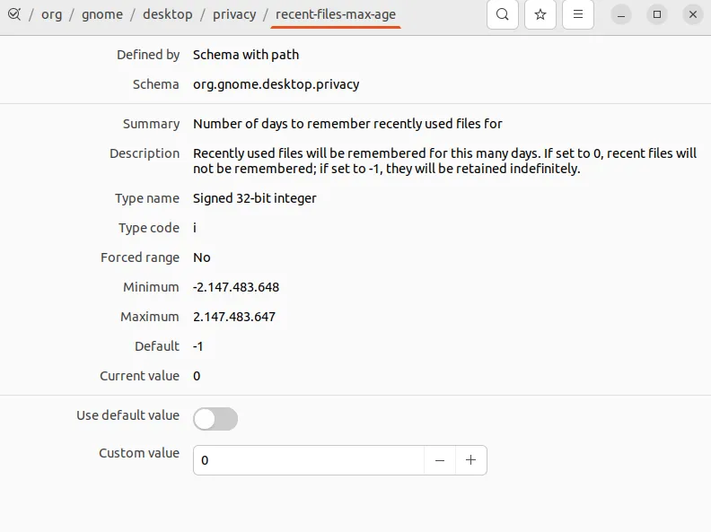 dConf Editor /org/gnome/desktop/privacy/recent-files-max-age