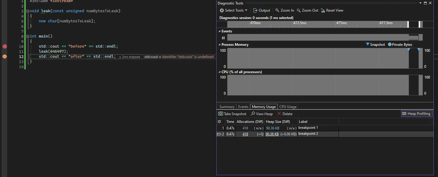 Screenshot of Visual Studio. Shows my source code and Diagnostics Tools window. The Memory Usage view in the Diagnostics window shows that my heap size did not increase despite the code allocating memory on the heap using the keyword new.