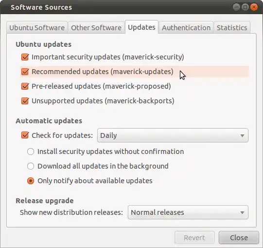 Ubuntu Software Sources - Updates Tab
