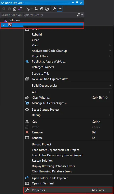 Project Properties Selection Menu