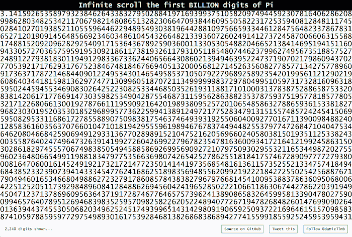 infinite-scroll the first billion digits of Pi