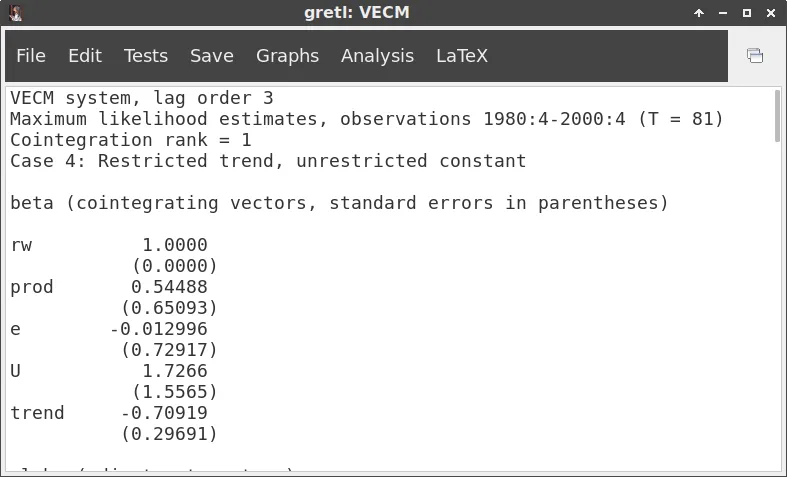 Cointegrating Vector的Gretl标准误差