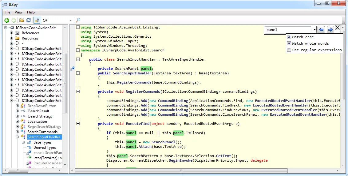 在 ILSpy 中使用 SearchPanel 进行搜索