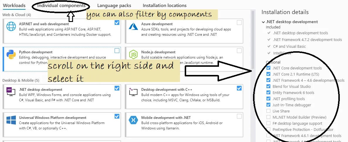 Select the core tools & Filter for F# tools by visual studio components