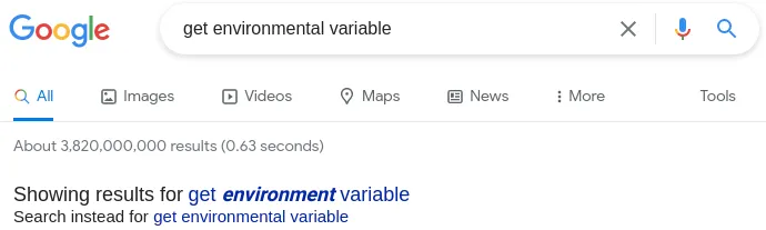搜索"get environmental variable"会显示"get environment variable"的结果
