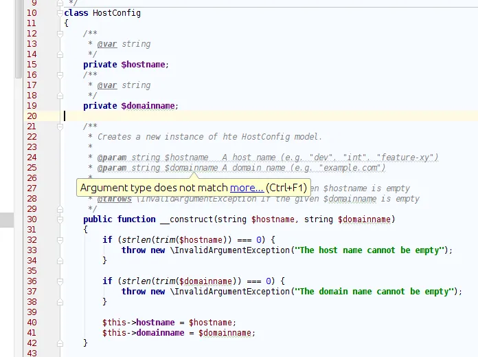 PhpStorm 显示带有类型提示的字符串函数参数的“参数类型不匹配”提示的屏幕截图