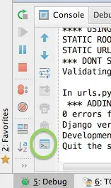 Pycharm console close-up highlighting cmd-line button