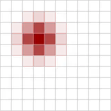 White 10*10 color grid with a soft dark red dot