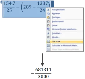Illustration of the Microsoft Math add-in for Microsoft Word, calculating an expression