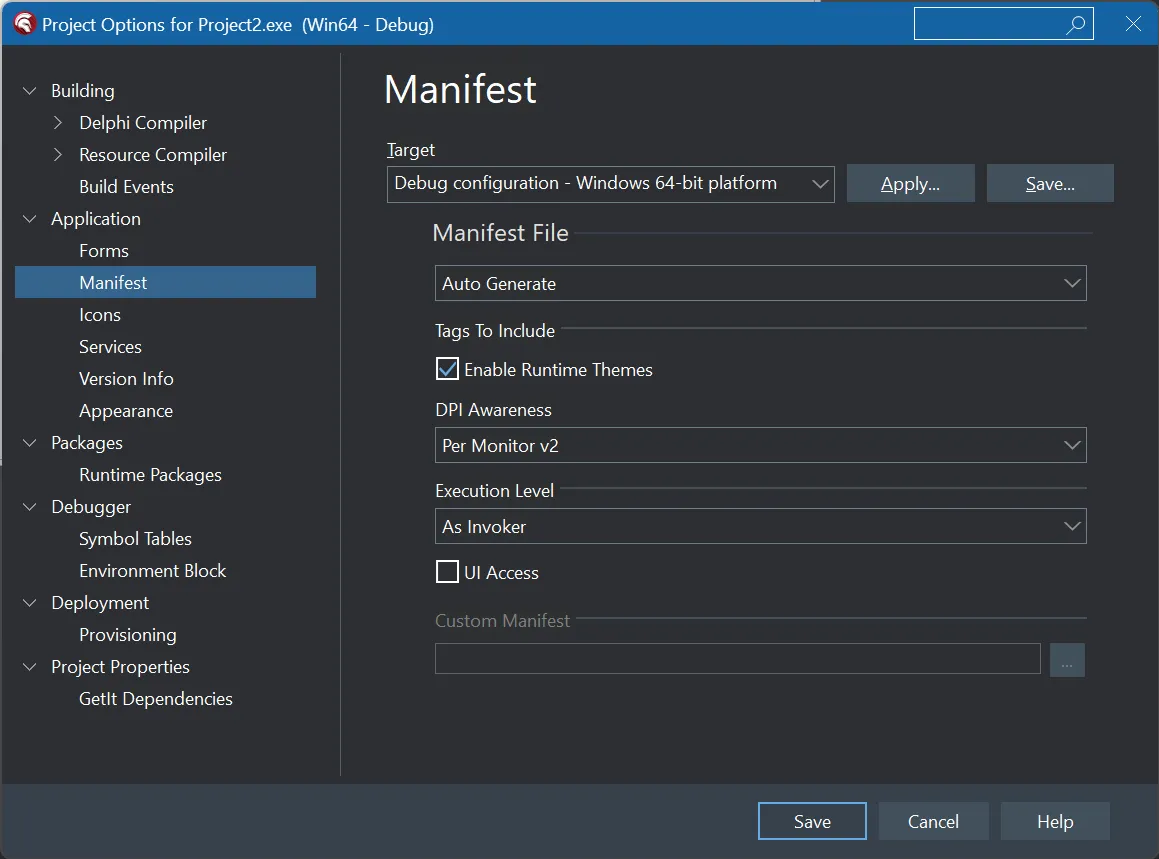 Delphi Application Manifest options