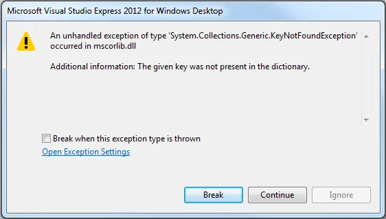 exception thrown screenshot