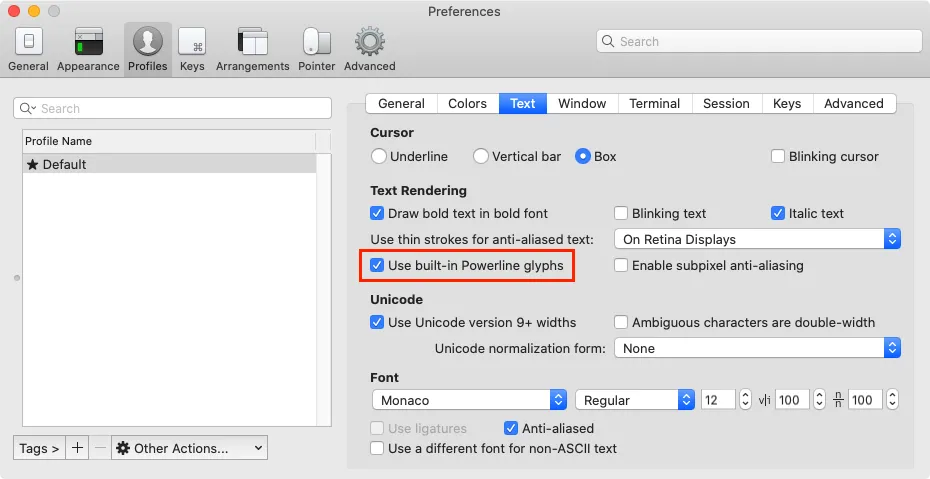 iTerm2 Preferences Showing Powerline Fonts Checkbox Option