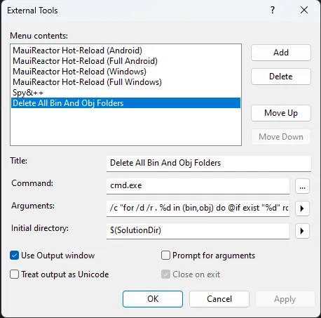 Visual Studio external tools dialog