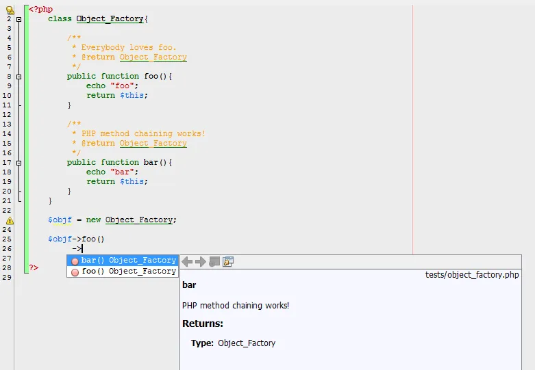 PHP method chaining on NetBeans