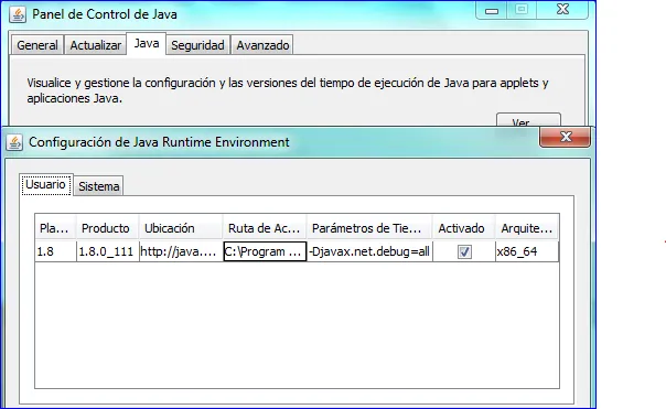Java Control Panel: jvm arguments