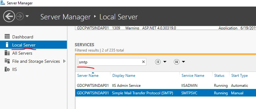 Server manager with Local Server selected and services filtered to smtp