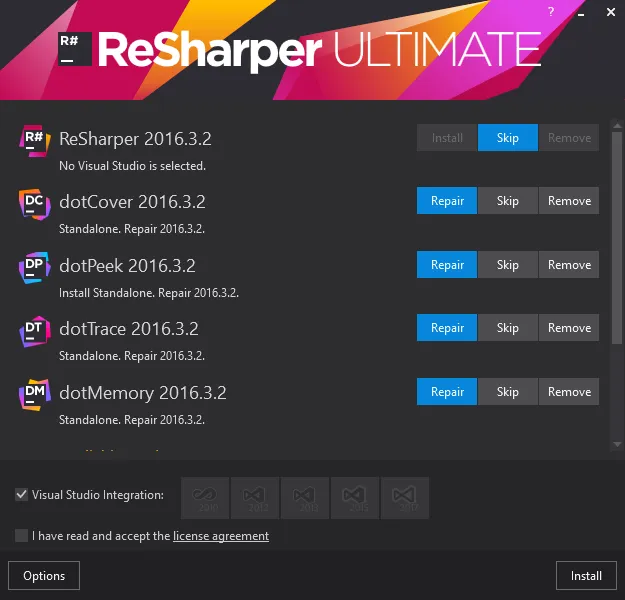 Resharper install window