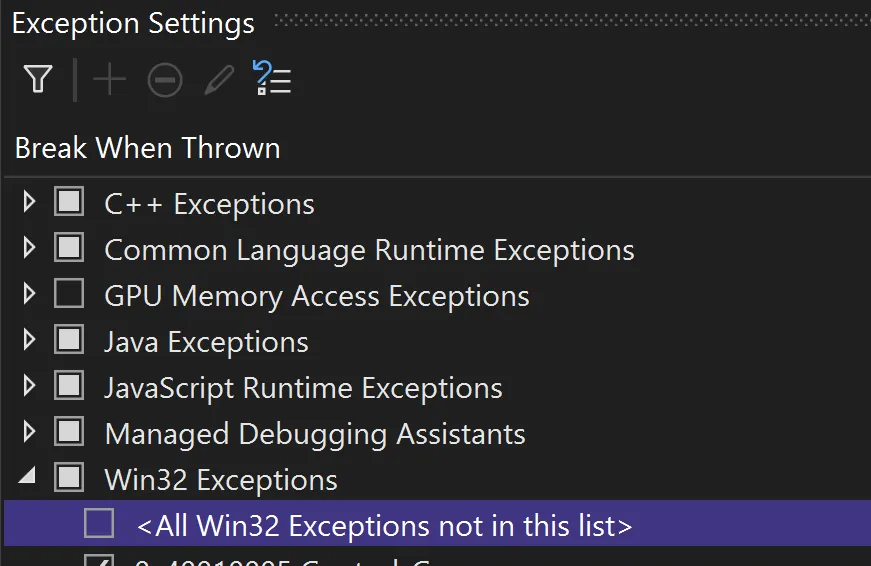 Alternatively, it will work even if you select All Win32 Exceptions not in this list