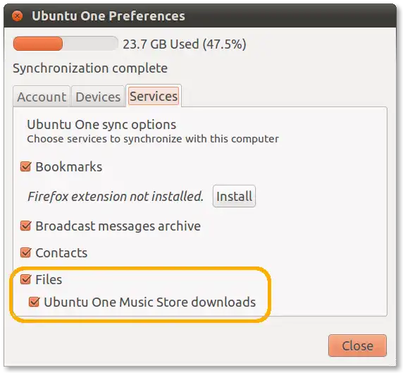 Ubuntu One Preferences' Service tab