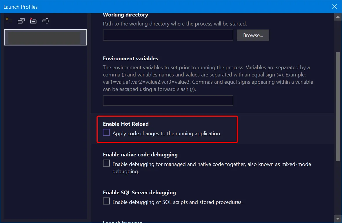 Visual Studio debug profile