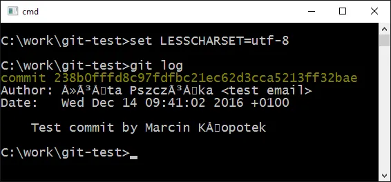 'git log' output after setting LESSCHARSET=utf8