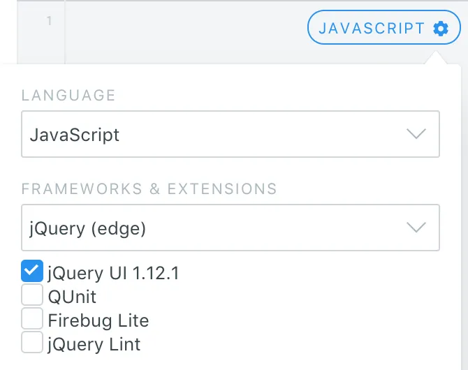 Selected Language JavaScript, Frameworks & Extensions jQuery (edge), and checked the jQuery UI 1.12.1 box.