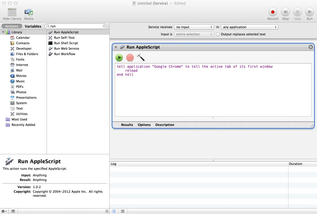 A screengrab showing the automator window actions