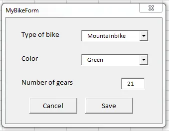 Example of a userform for designing a bicycle.
