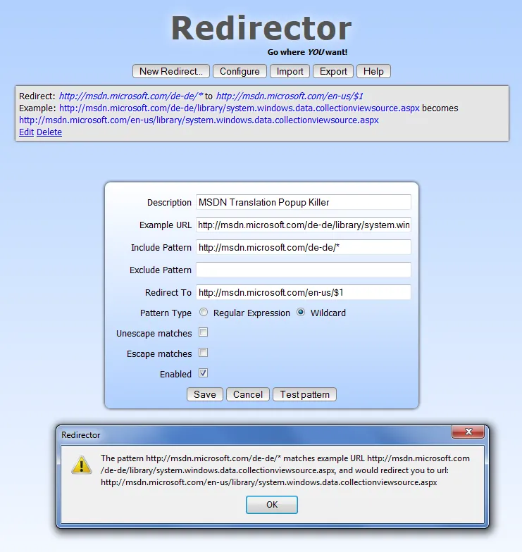 Redirector plugin set to force English msdn pages