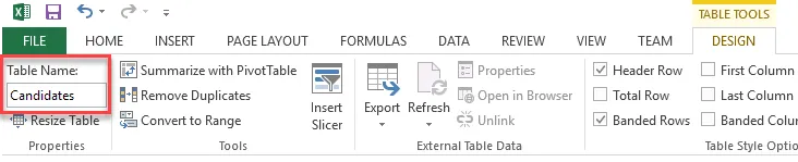 Enter table name in Excel
