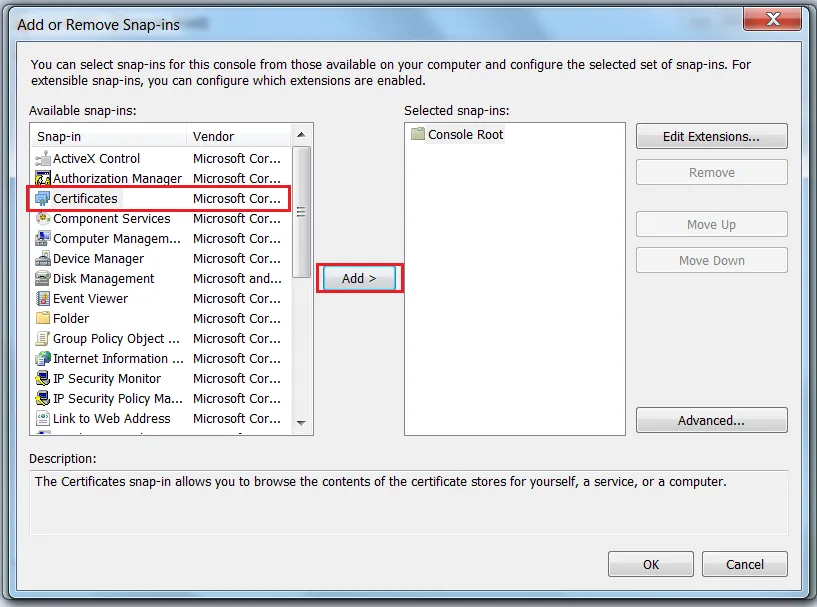 add certificate snap-in