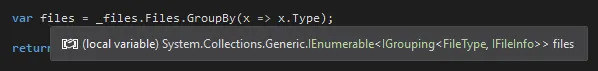 Hovering over variable in Visual Studio 2017, displaying type name