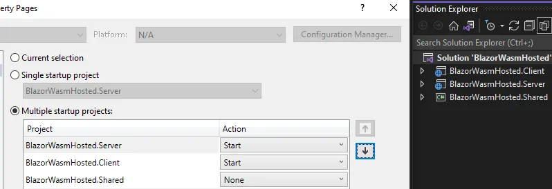 Setting both client and server as startup projects.