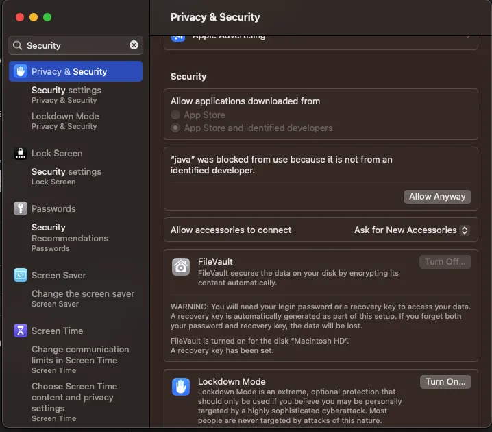 MacOS System Preferences (Privacy & Security)