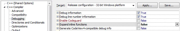 项目选项中 C++ 编译器 - 调试部分显示“扩展内联函数”选项的截图